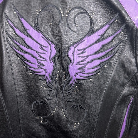 Women’s black purple motorcycle jacket with embroidered details - Picture 7 of 10